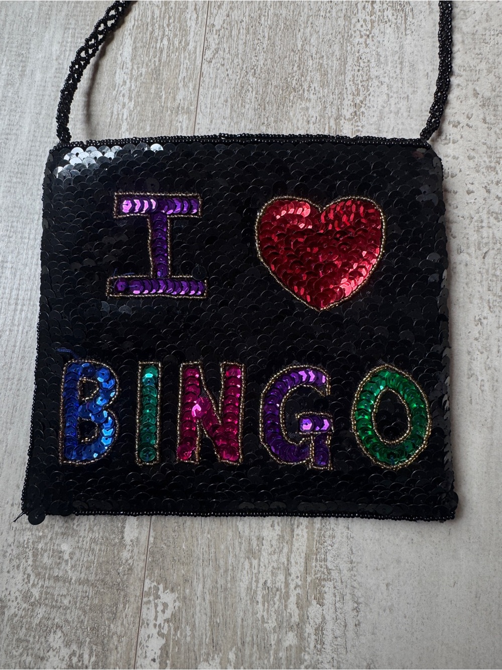 Sequin 'I ♥ BINGO' Crossbody Bag - Black with Multicolor Letters